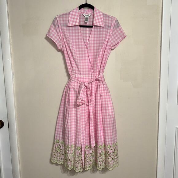 Lilly Pulitzer Pink Gingham Midi Wrap Dress Lace Detail Size 6